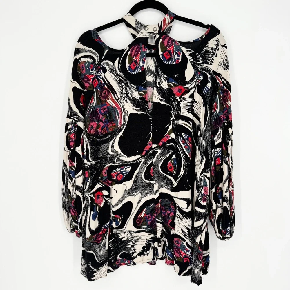 Free People Drift Away Top/Dress High Neck Peekaboo Shoulder Balloon Sleeve Sz S